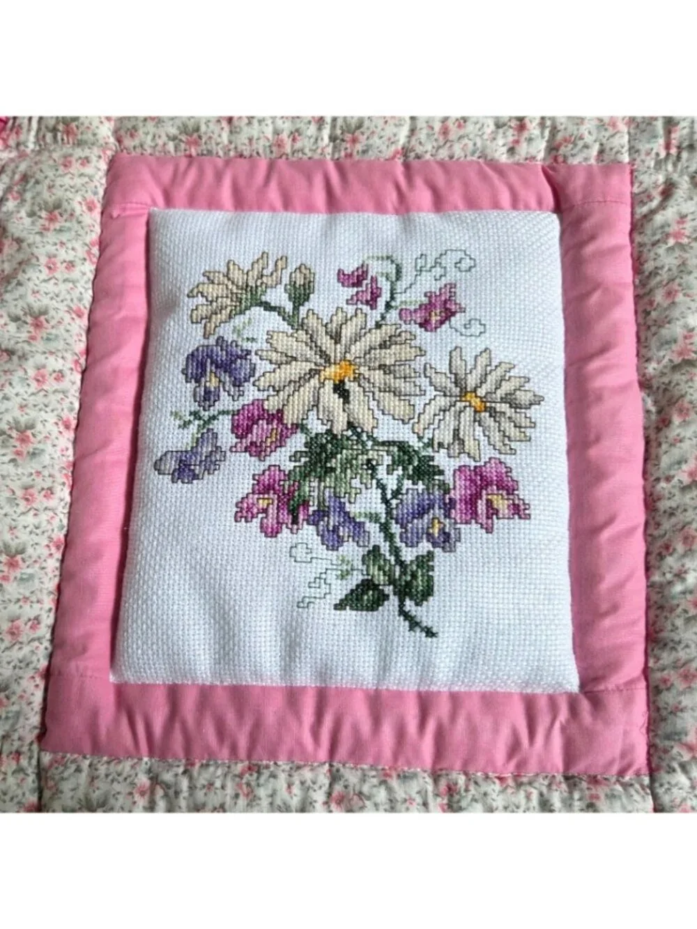 Handmade Hand Cross Stitched Embroidered Pink Floral Quilted Wall Hanging READ